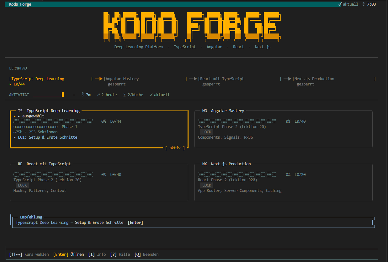 Kodo Forge terminal learning platform running in a dark retro-futuristic environment
